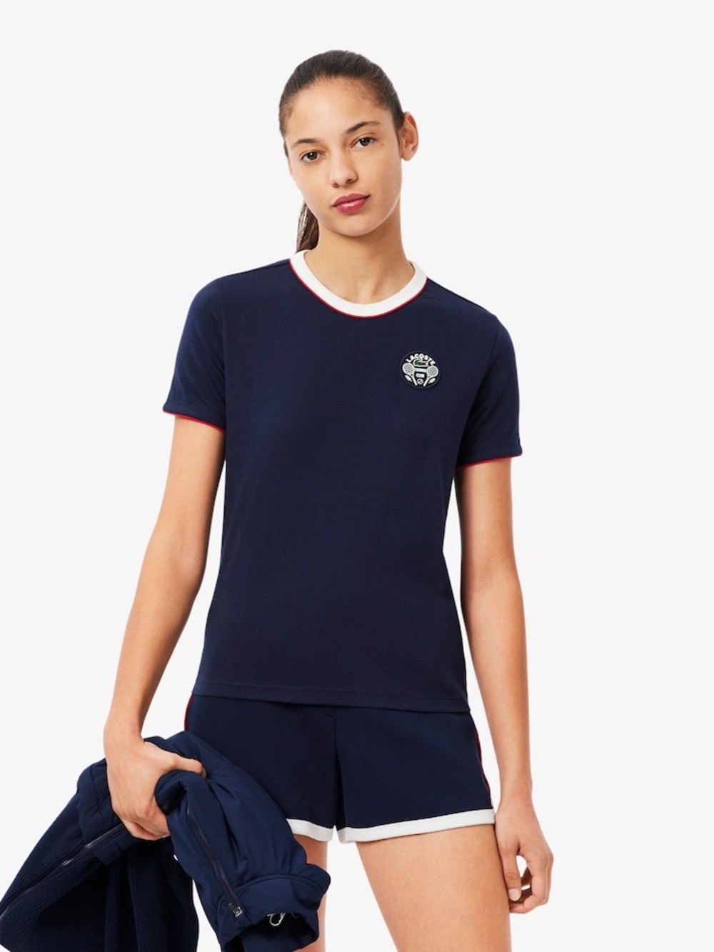 Lacoste Ultra Dry Tennis Heritage Badge T-Shirt Navy Red White Trim Slim Large